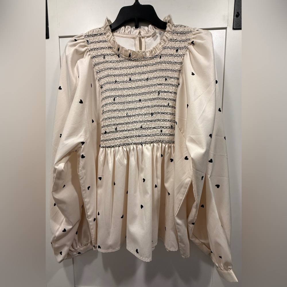 Cream, Black Heart Smocked Babydoll Blouse, Medium EUC